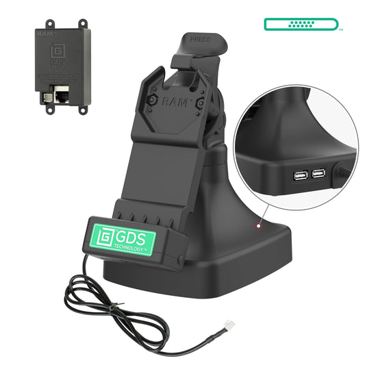 RAM Mounts GDS tilt and swivel dock with PoE and two USB-A ports for IntelliSkin tablets with Uni-Conn adapter – main product photo