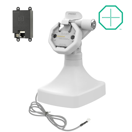 RAM Mounts GDS Uni-Conn powered key-locking tilt and swivel kiosk dock with PoE for Thin-Case tablets in grey – main product photo