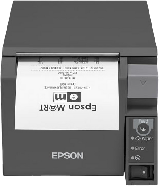 Epson TM-T70II front-loading POS receipt printer, dark grey, Ethernet + USB with buzzer (C31CD38022A1) – front view with printed receipt