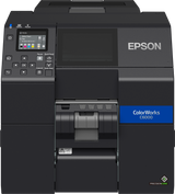 Epson ColorWorks C6000Pe colour label printer, 4-inch, peel-and-present, gloss black ink, 1200 x 1200 dpi, inkjet (C31CH76202) – front view with peeler