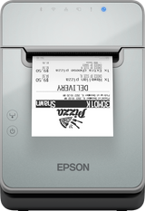 Epson TM-L100 liner-free label and receipt printer, black, USB + Ethernet + serial, UK plug (C31CJ52103A0) – front view with printed label