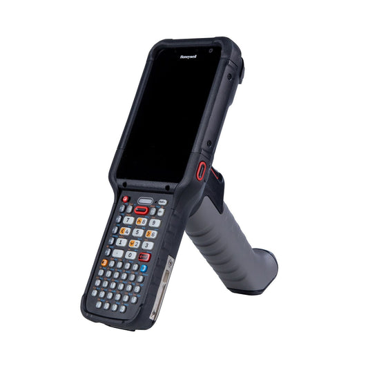 Honeywell CK67 ultra-rugged Android mobile computer, 51-key alphanumeric keypad, FlexRange S0703 2D imager, Wi-Fi only, ATEX Zone 2/22 version (CK67-X0N-58A1A1G) – angled view with scan handle