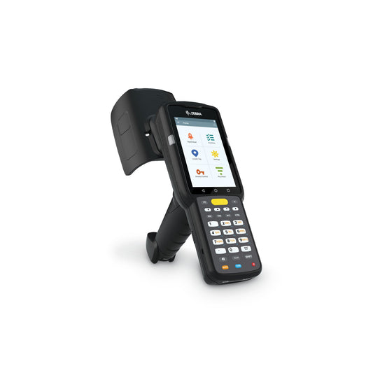 Zebra MC3390xR rugged keypad mobile computer, integrated UHF RFID reader, pistol grip, 29-key numeric keypad (MC339U-GF2EG4EU) – side view with RFID antenna
