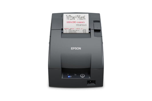 Epson TM-U220IIB impact dot matrix POS receipt printer with autocutter, dark grey (Epson Dark Grey), Ethernet (C31CL27142) – front view printing a receipt