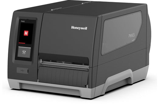 Honeywell PM65 industrial label printer, full touch display, tear bar, 203 dpi, thermal transfer (PM65A12000000200) – angled front view