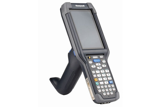 Honeywell CK65 rugged Android mobile computer, 38-key numeric-function keypad, standard range 2D imager, Wi-Fi only (CK65-L0N-DSC210E) – angled view with scan handle