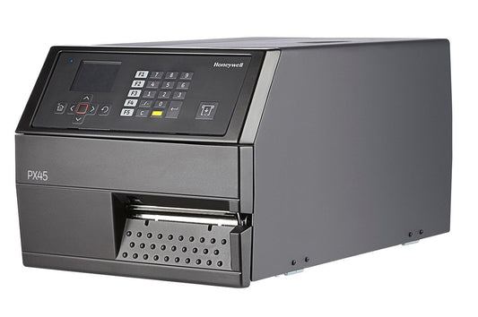 Honeywell PX45 industrial label printer, LCD display with keypad, tear bar, parallel port, 203 dpi, thermal transfer (PX45A00010000200) – left angled view