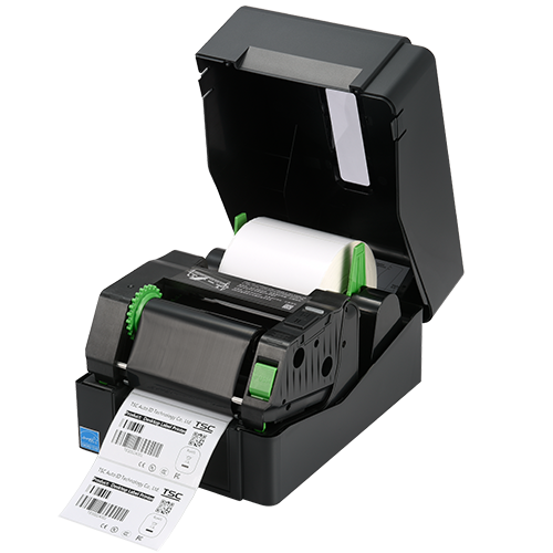 TSC TE200 desktop thermal transfer label printer, 203 dpi, USB, black (99-065A10F-00LF00) – open cover, ribbon and media loaded