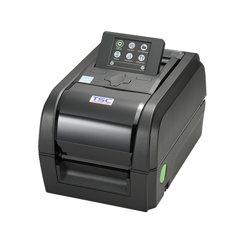 TSC TX610 4-inch desktop thermal transfer label printer, 600 dpi, colour LCD, black (TX610-A001-1202) – angled view