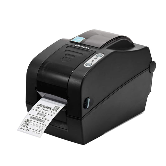 BIXOLON SLP-TX223 2-inch thermal transfer desktop label printer, dark grey (SLP-TX223EG/BEG) – front view with label