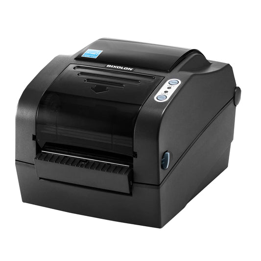 BIXOLON SLP-TX420 4-inch thermal transfer desktop label printer, dark grey (SLP-TX420BG) – angled view