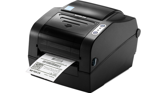 BIXOLON SLP-TX420 4-inch thermal transfer desktop label printer, dark grey (SLP-TX420BG) – front view with label