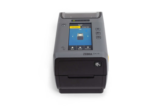 Zebra ZD611t 2-inch thermal transfer desktop label printer, dark grey, 300 dpi, peeler, USB + Ethernet (ZD6A123-T1EE00EZ) – colour display front view