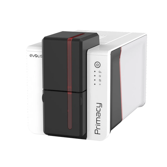 Evolis Primacy 2 plastic card printer, dual-sided, LED panel, USB + Ethernet, kineclipse, 300 dpi, dye sublimation / thermal transfer (PM2-0035) – angled front view with LED panel