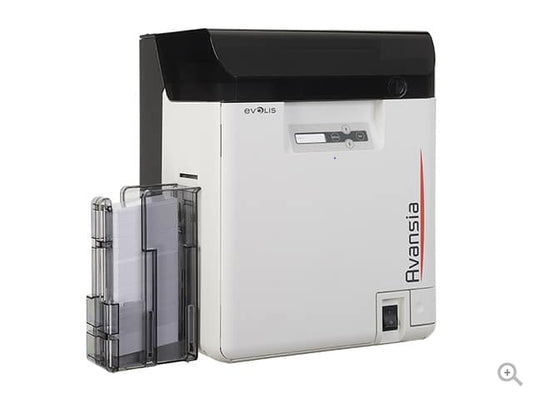 Evolis Avansia retransfer plastic card printer, dual-sided, LCD display, USB + Ethernet, 600 dpi, retransfer dye sublimation (AV1H0000BD) – angled view