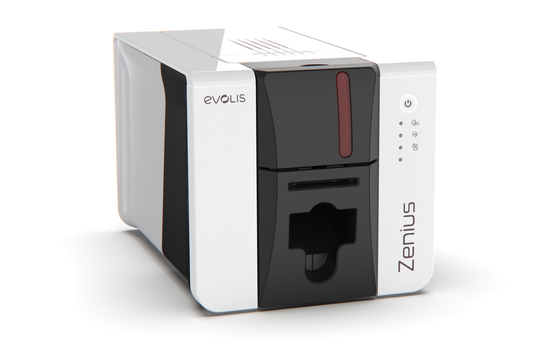 Evolis Zenius 2 Classic GO PACK plastic card printer, single-sided, USB, 300 dpi, dye sublimation / thermal transfer (ZN2-GP-E) – angled side view