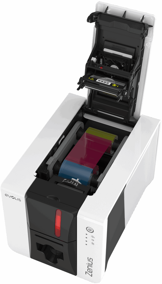 Evolis Zenius 2 Expert plastic card printer, single-sided, USB + Ethernet, 300 dpi, dye sublimation / thermal transfer (ZN2-0002) – open ribbon cover