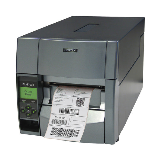 Citizen CL-S700IIDT industrial label printer, black Hi-Open metal case, LCD panel, tear bar, 203 dpi, direct thermal (CLS700IIDTNEXXX) – front angled view with label output