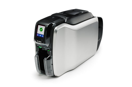 Zebra ZC300 plastic card printer, dual-sided, starter kit (ribbon + cards + software) (ZC32-000CQ00EM00) – left angled view