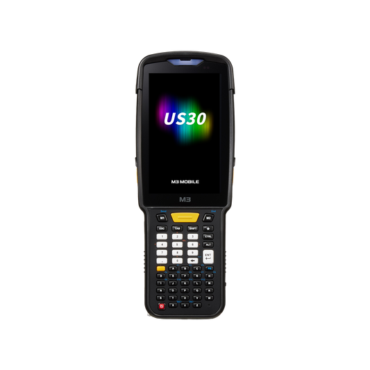 M3 Mobile US30 rugged Android keypad mobile computer, 4" display, 51-key alphanumeric keypad, SE5500 Smart Focus imager, straight shooter (US300D-TFCWEE-HF) – front view