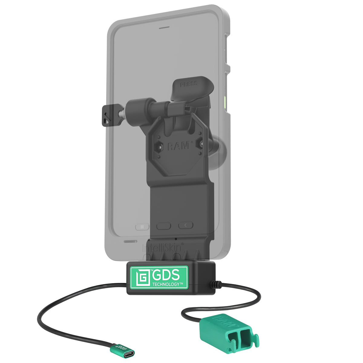 RAM Mounts GDS Uni-Conn left-locking tablet dock + dual USB-A with release lever – alternative view
