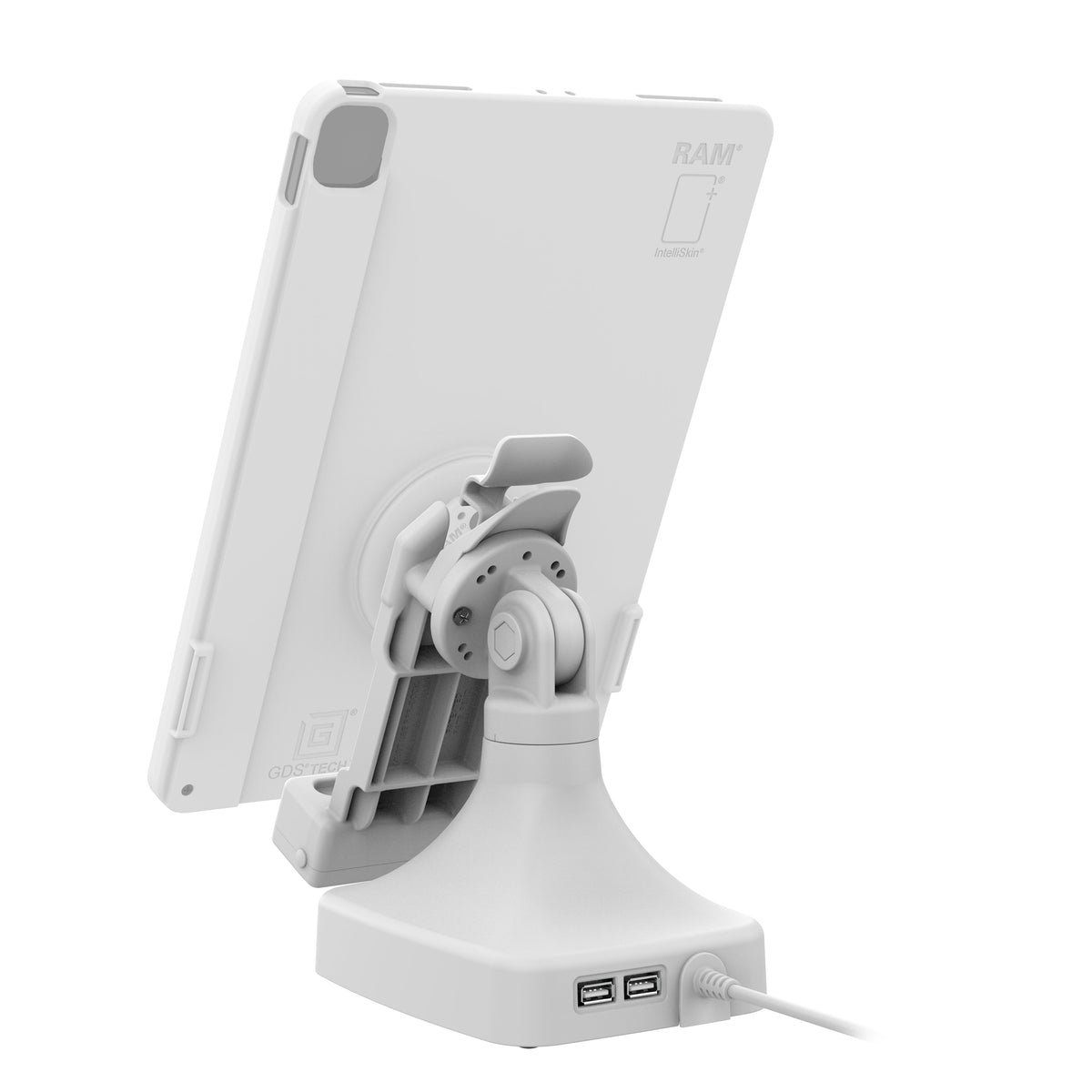RAM Mounts GDS tilt and swivel dock with PoE and two USB-A ports for IntelliSkin tablets with Uni-Conn adapter in grey – detail photo