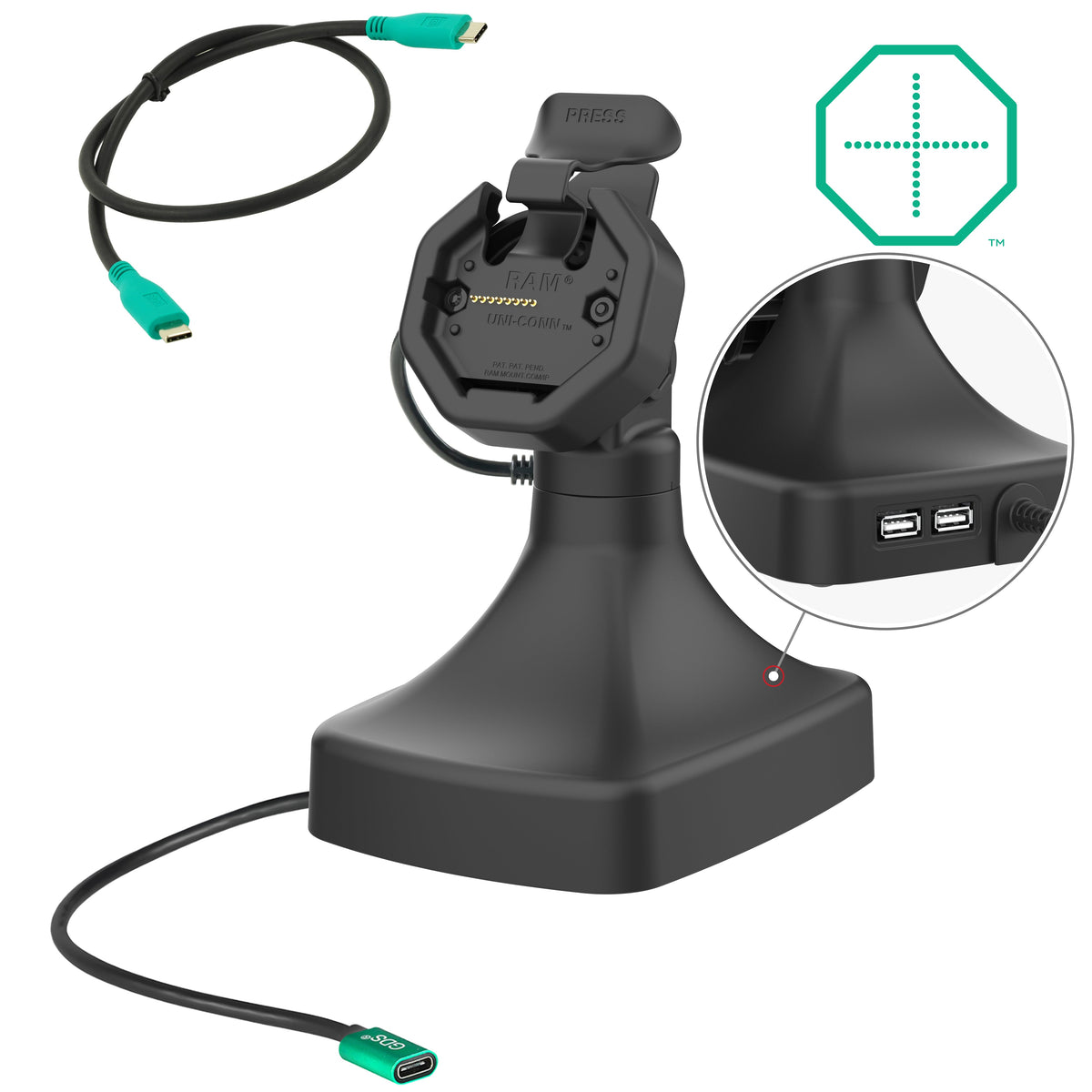 RAM Mounts GDS tilt and swivel dock with USB-C and two USB-A ports for IntelliSkin Thin-Case tablets with rear pogo pads – main product photo