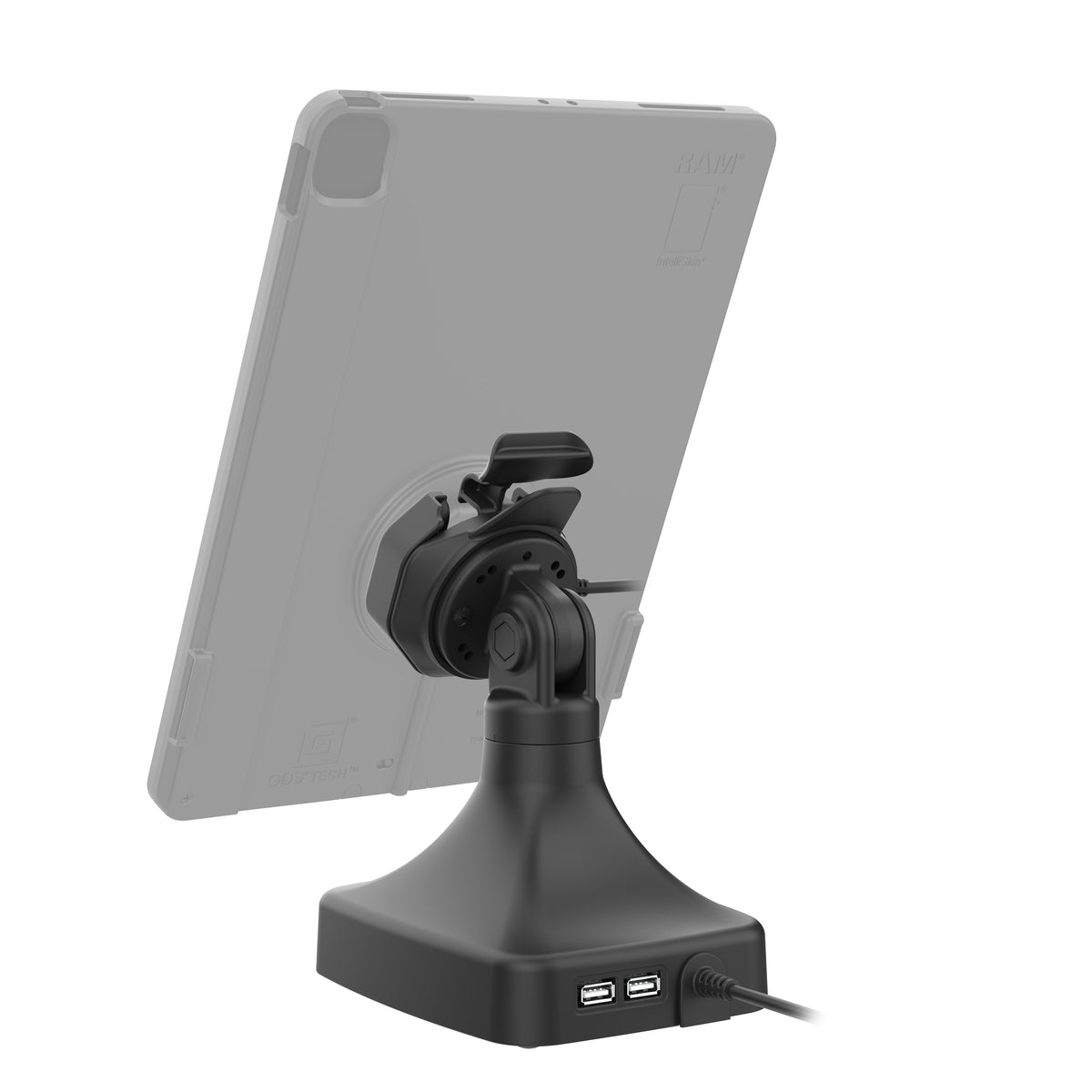 RAM Mounts GDS tilt and swivel dock with USB-C and two USB-A ports for IntelliSkin Thin-Case tablets with rear pogo pads – detail photo