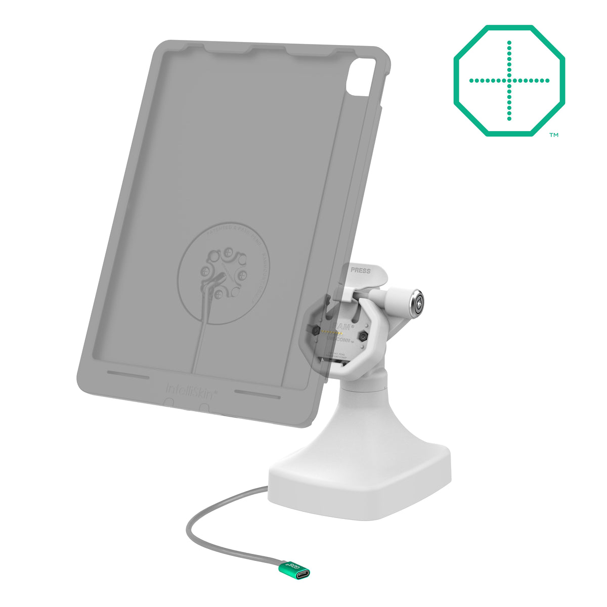 RAM Mounts GDS key-locking tilt and swivel dock with USB-C and two USB-A ports for IntelliSkin Thin-Case tablets with rear pogo pads in grey – alternative view