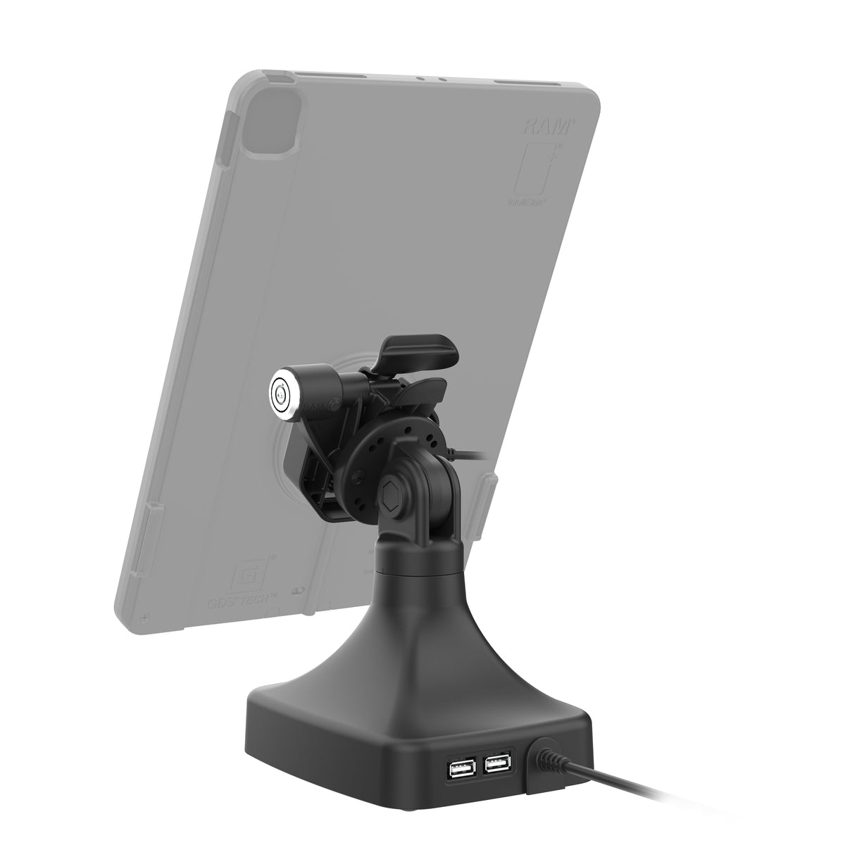 RAM Mounts GDS key-locking tilt and swivel dock with USB-C and two USB-A ports for IntelliSkin Thin-Case tablets with rear pogo pads – detail photo