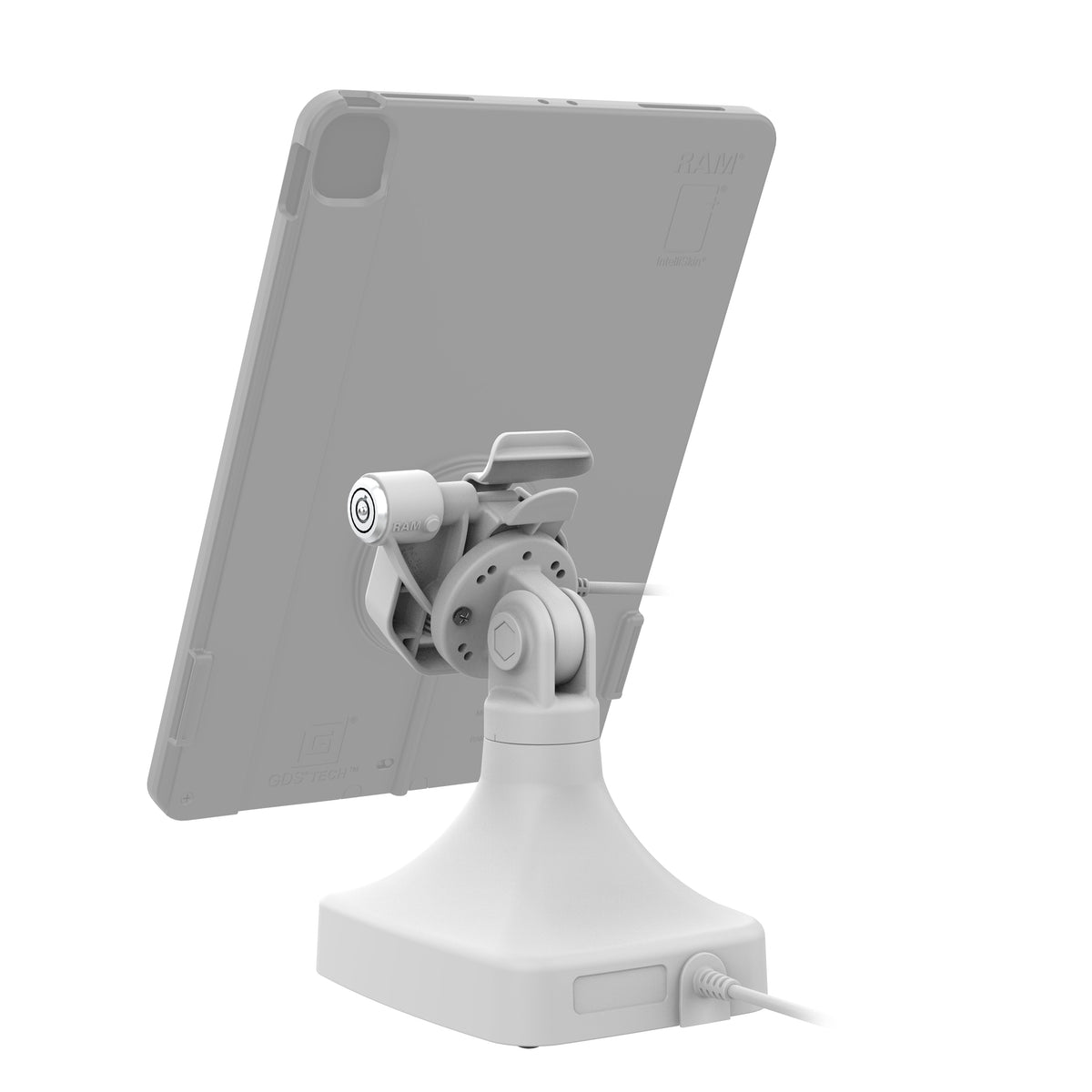 RAM Mounts GDS key-locking tilt and swivel dock with USB-C for IntelliSkin Thin-Case tablets with rear pogo pads in grey – detail photo