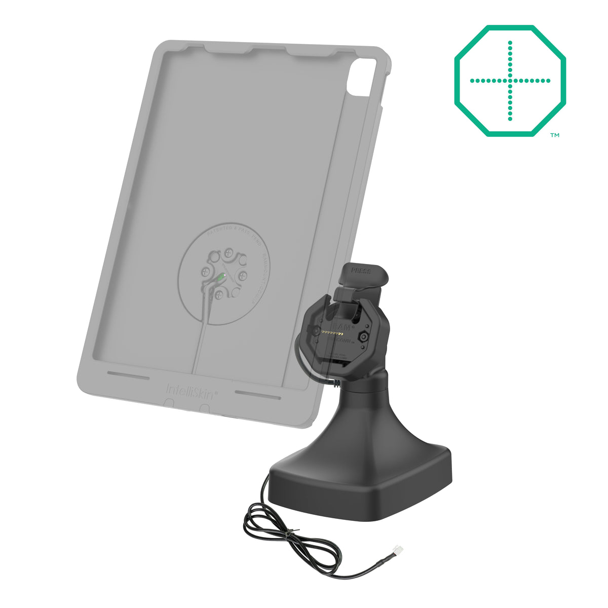 RAM Mounts GDS tilt and swivel dock with PoE and two USB-A ports for IntelliSkin Thin-Case tablets with rear pogo pads – alternative view