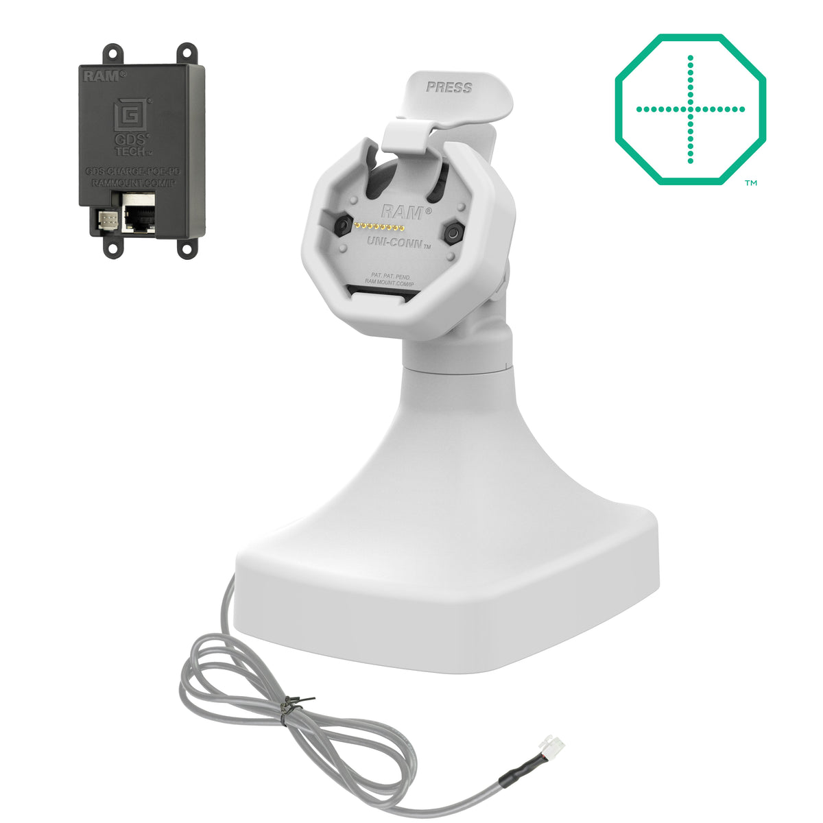 RAM Mounts GDS tilt and swivel dock with PoE for IntelliSkin Thin-Case tablets with rear pogo pads in grey – main product photo