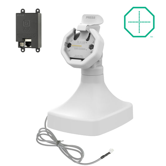 RAM Mounts GDS tilt and swivel dock with PoE for IntelliSkin Thin-Case tablets with rear pogo pads in grey – main product photo
