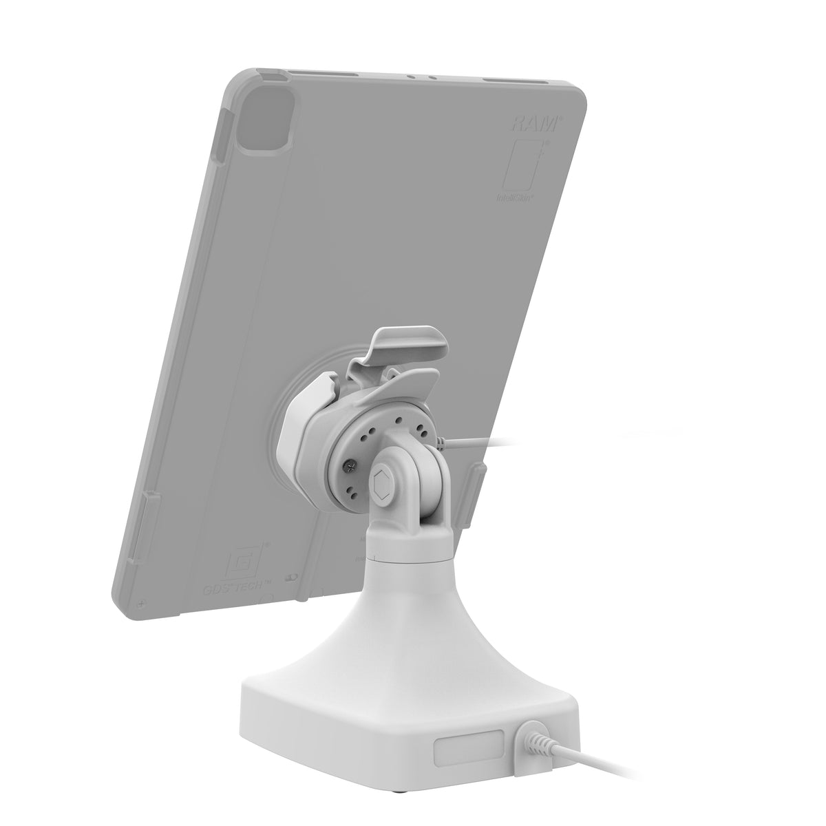 RAM Mounts GDS tilt and swivel dock with PoE for IntelliSkin Thin-Case tablets with rear pogo pads in grey – detail photo