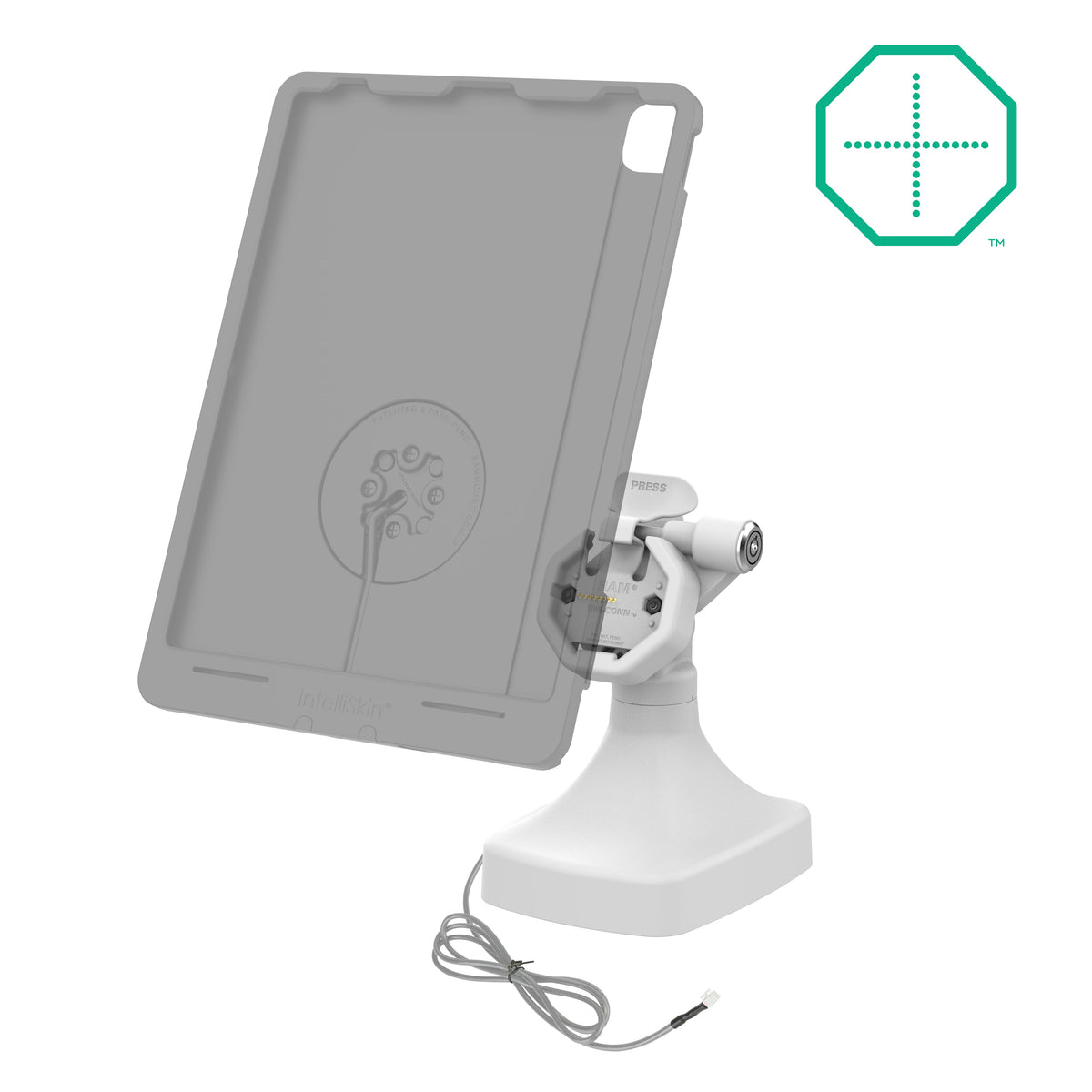 RAM Mounts GDS key-locking tilt and swivel dock with PoE and two USB-A ports for IntelliSkin Thin-Case tablets with rear pogo pads in grey – alternative view