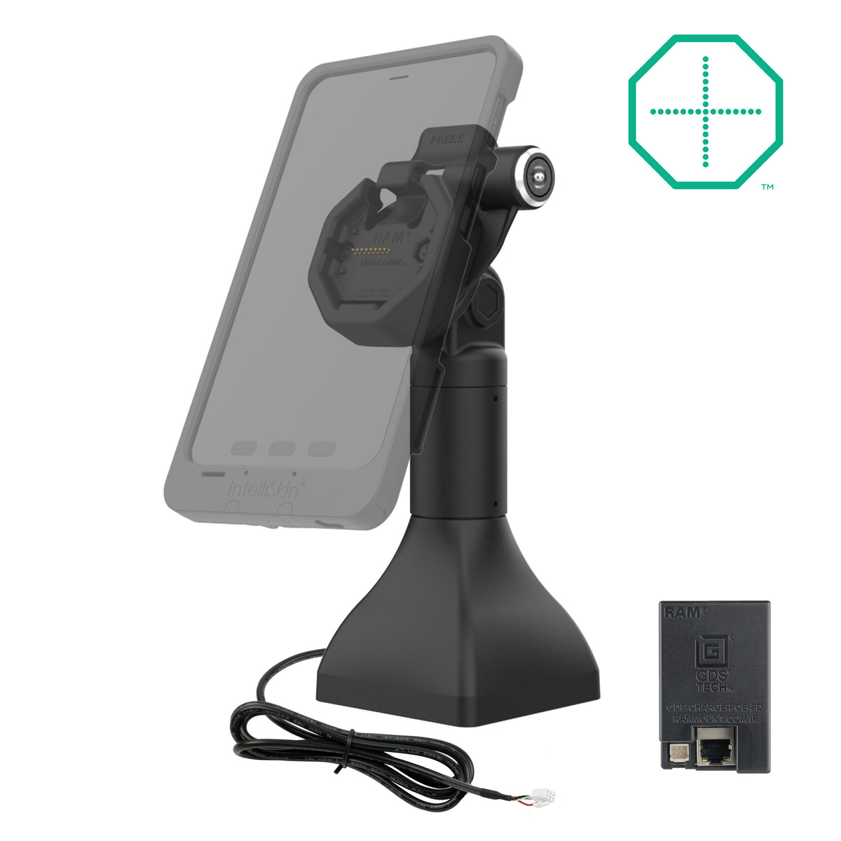 RAM Mounts GDS 7-inch key-locking pedestal dock with PoE for IntelliSkin Thin-Case tablets with rear pogo pads – alternative view