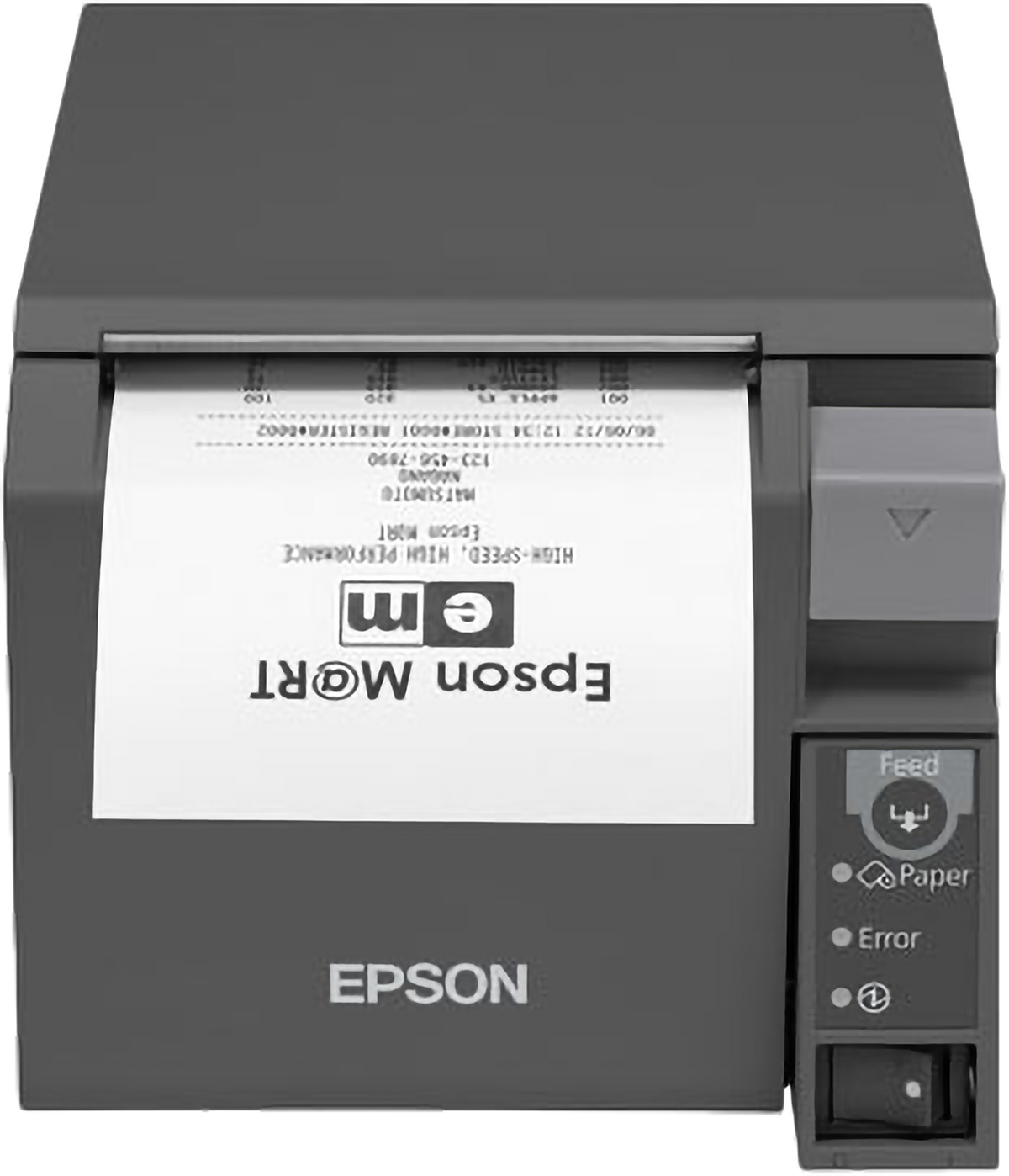 Epson TM-T70II front-loading POS receipt printer, dark grey, Ethernet + USB with buzzer (C31CD38022A1) – front view with printed receipt