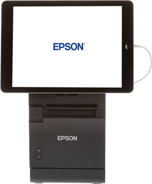Epson TM-m30II-S tablet POS receipt printer with integrated stand, black, UK plug (C31CH63012A0) – with tablet mounted on top
