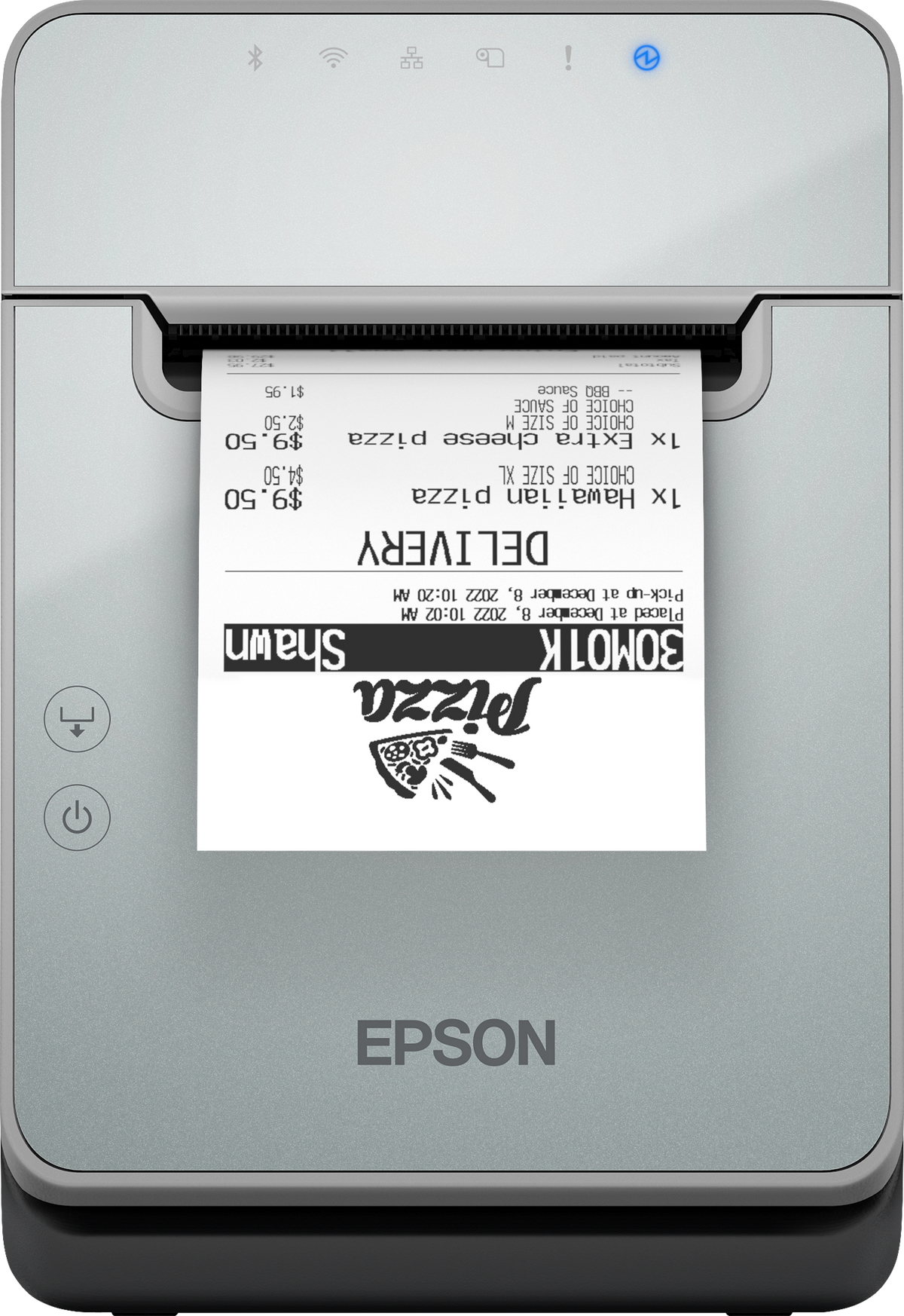 Epson TM-L100 liner-free label and receipt printer, black, USB + Ethernet + serial, UK plug (C31CJ52103A0) – front view with printed label