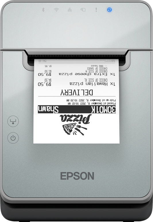Epson TM-L100 liner-free label and receipt printer, black, USB + Ethernet + serial (C31CJ52103) – front view with printed label