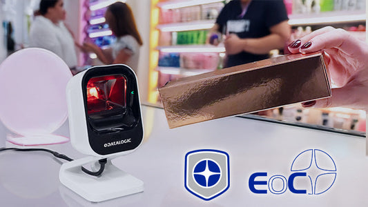 Datalogic Magellan 900i presentation scanner (MG0903-10001-0200) – white stand version at a retail counter
