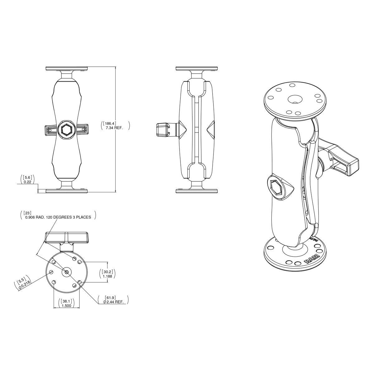 RAM Mounts flat surface mount with C-size round bases and double socket arm for Zebra RW 420 printer docks – another angle