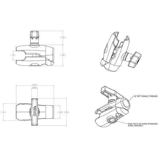 RAM Mounts C-size single socket arm with 1/2 inch NPT female thread RAM-200-1U – alternative view