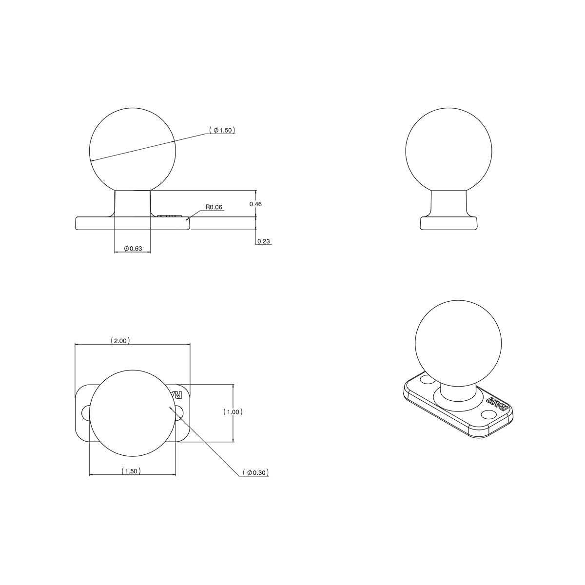 RAM Mounts C-size ball base with 25.4 × 50.8 mm rectangular plate RAM-202U-12 – alternative view