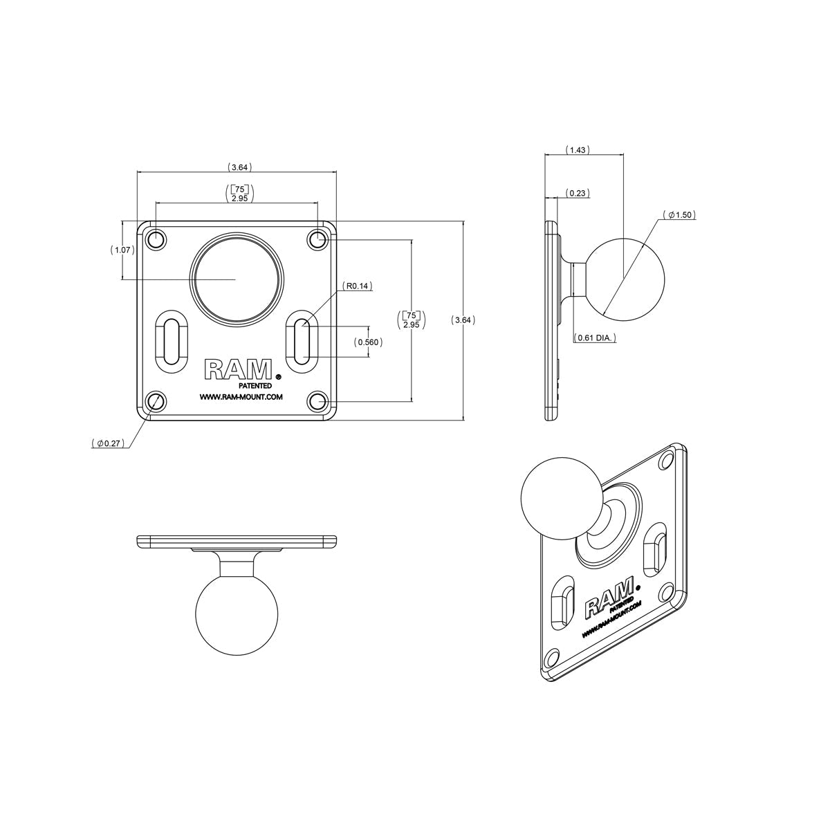 RAM Mounts 75 x 75 mm VESA plate with C-size ball RAM-2461U – additional photo