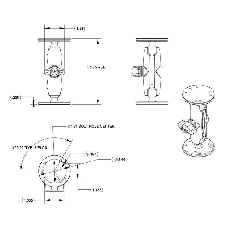 RAM Mounts B-size double ball mount with two round AMPS plates, medium arm (RAM-B-101U) – further view
