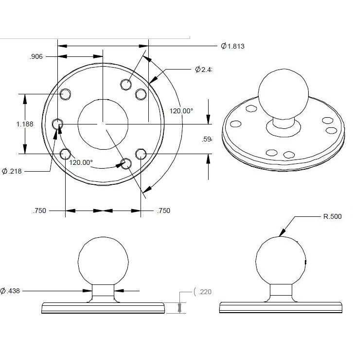 RAM Mounts B-size round plate with ball and AMPS hole pattern (RAM-B-202U) – another angle