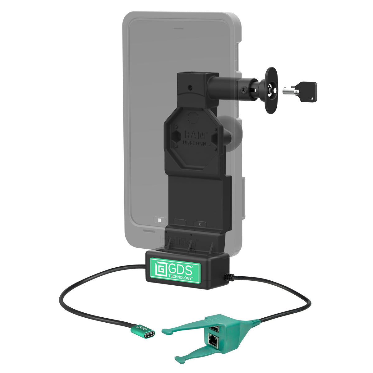 RAM Mounts GDS Uni-Conn locking tablet dock + USB-A & RJ45 with release button – alternative view