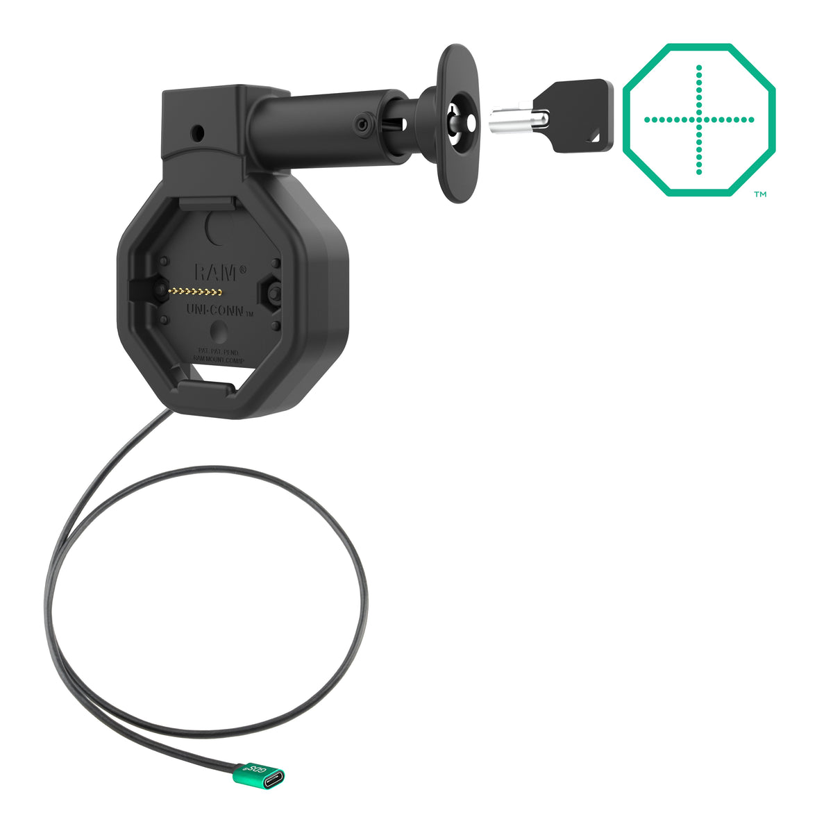 RAM Mounts GDS Uni-Conn locking USB-C tablet dock with release button, 800 mm cable – product photo